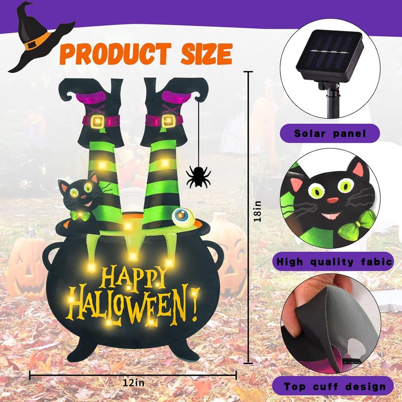 FLAGMESAGE Halloween Lighted Garden Flag for Outside, Witch Feet Shape Flag Yard Decor, 8 Modes Double Sided Cauldron Eyeball Black Cat Outdoor Hlloween Decorations for Home Porch (Warm White-28x40) - Image 2